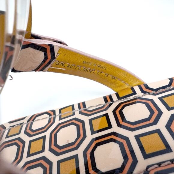TORY BURCH Yellow Pink Geometric Print Patent Leather Miller Sandals Size 8 - Picture 9 of 10